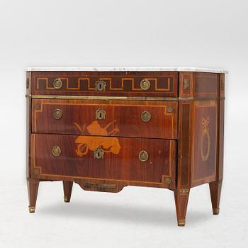 A marquetry and white marble-top commode, Gustavian-style incorporating older elements.