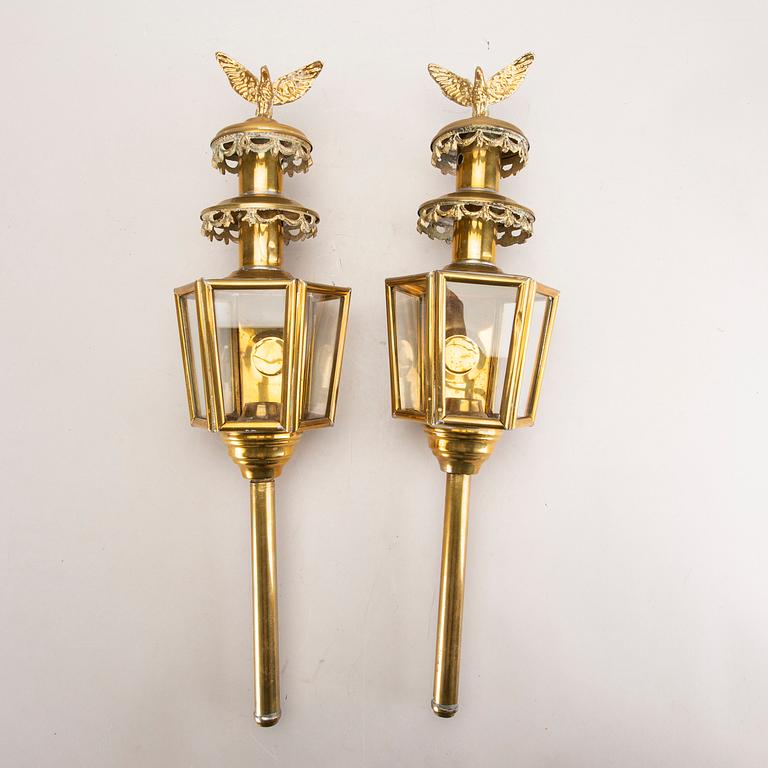 A pair of brass 20th century wagon lanterns.