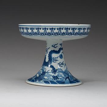 A blue and white dragons tazza, Qing dynasty, Qianlongs mark.