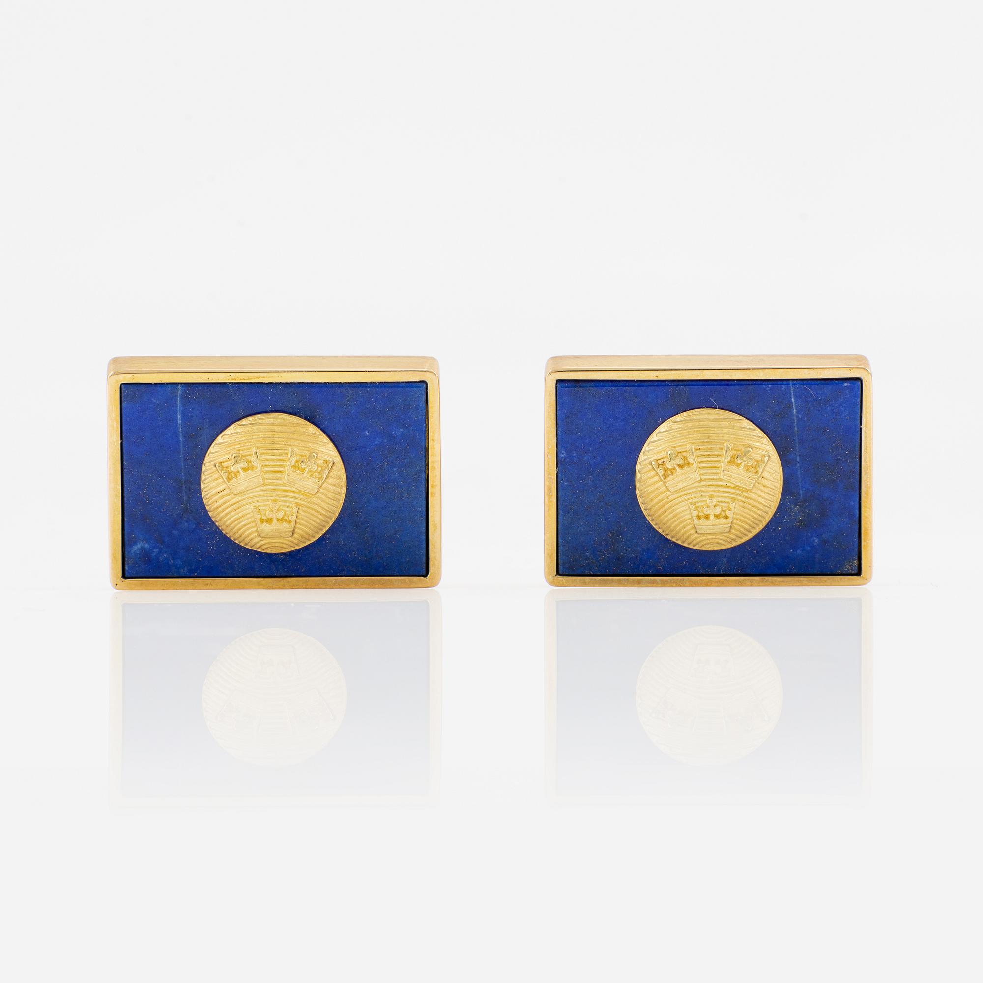 W.A Bolin, cufflinks, Three Crowns, 18K gold and lapis lazuli.