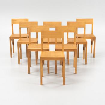 A set of eight signed stained pine 'Bracket Chairs' by Frederik Gustav for Frama, Copenhagen 2023.