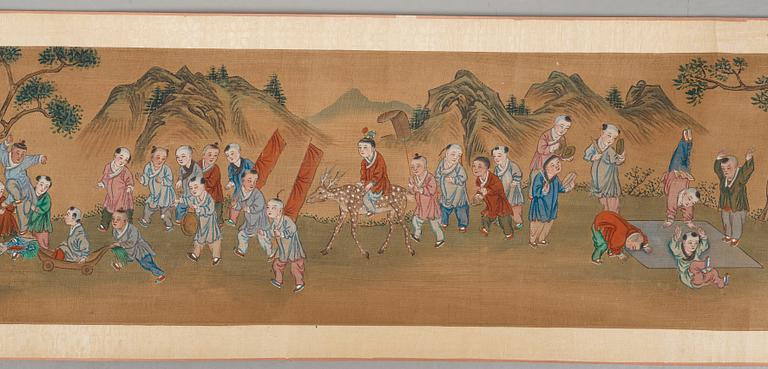 A scroll painting, ink and color on paper, Qing dynasty, 19th Century. '100 boys'.