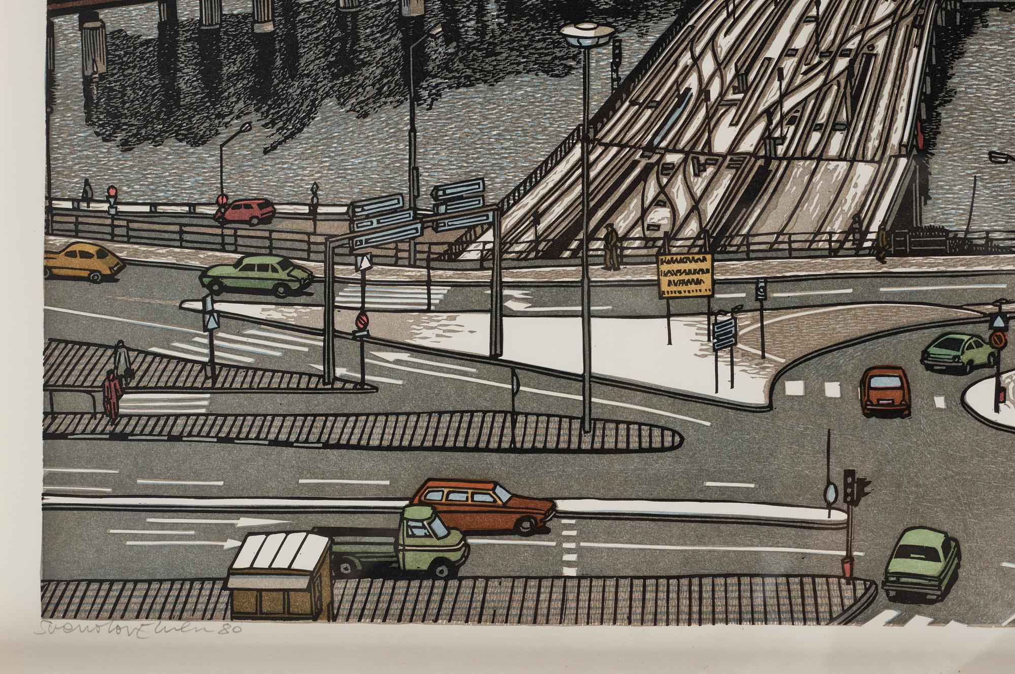 SVENOLOV EHRÉN, färgträsnitt, samramade motiv över slussen. 225/360.