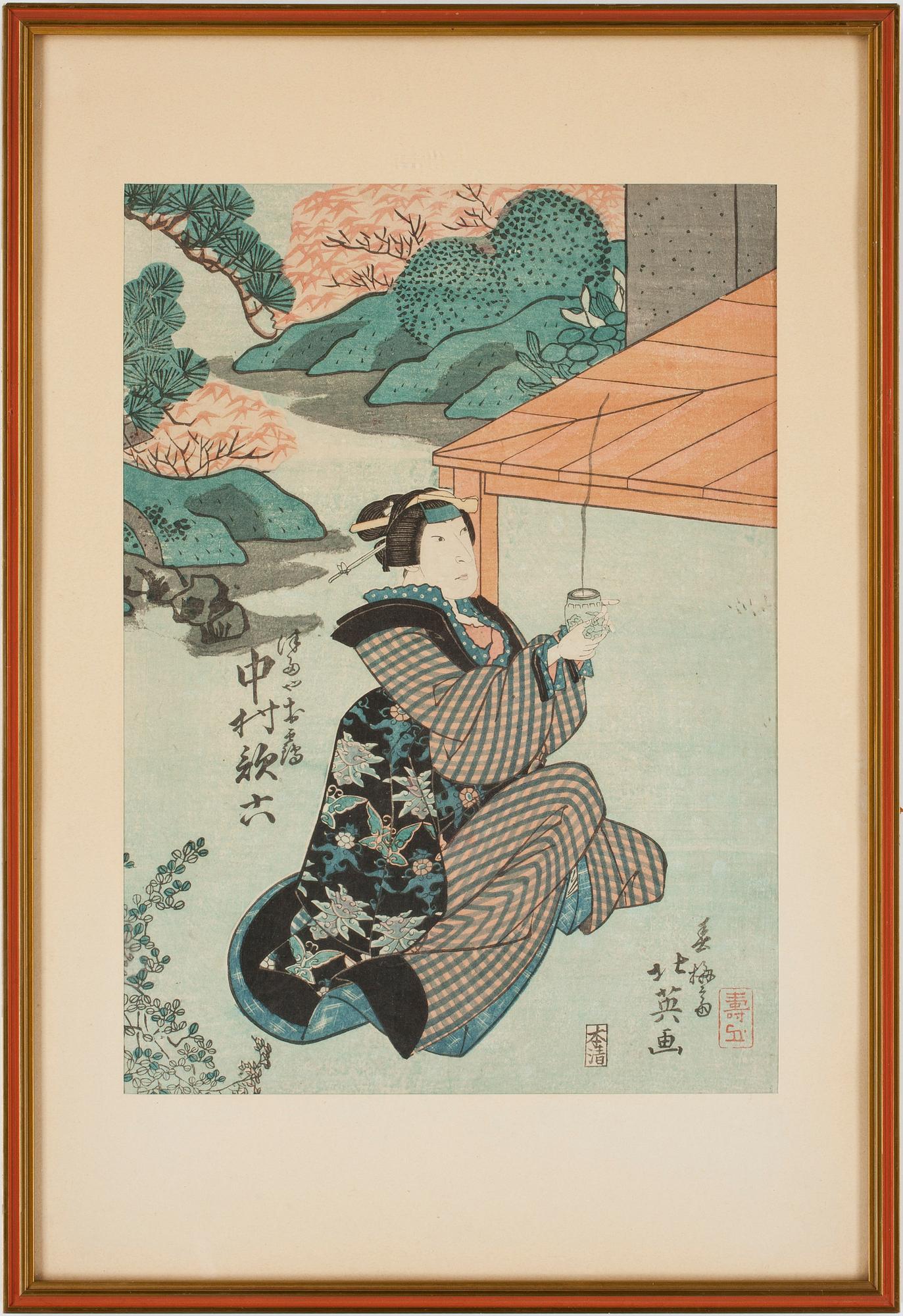UTAGAWA KUNISADA, träsnitt, 2 st, samt OKÄND KONSTNÄR, träsnitt.