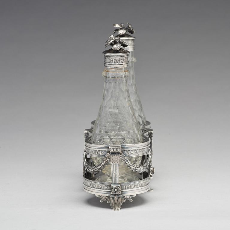 A Swedish 18th century silver and glass cruet-set, mark of Petter Eneroth, Stockholm 1780.