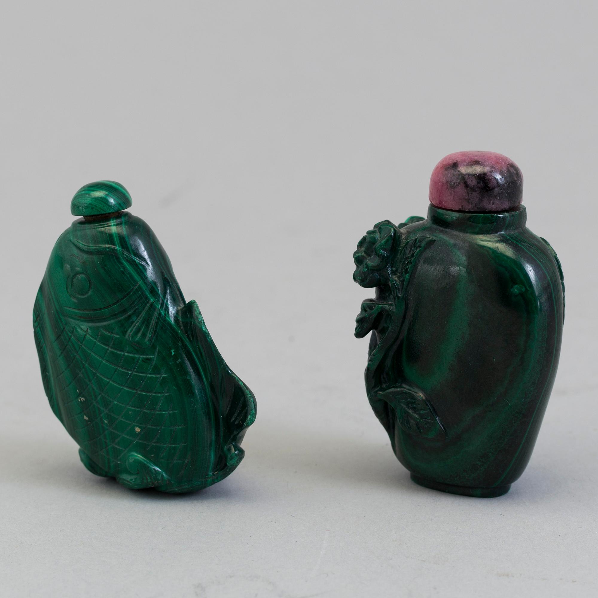 TWO MALACITE SNUFF BOTTLES, East Asian, 20th century.