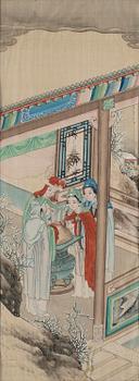 A group of seven Chinese paintings on silk by anonymous artist, Qing dynasty, 19th century.