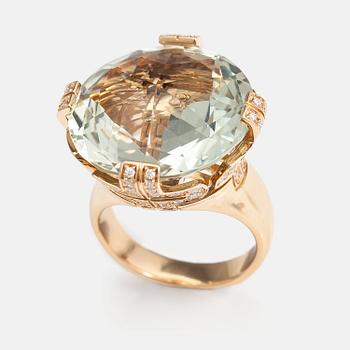 BULGARI, An 18K gold ring "Parentesi" with a green quartz and ca. 0.70 ct of  brilliant cut diamonds in total.