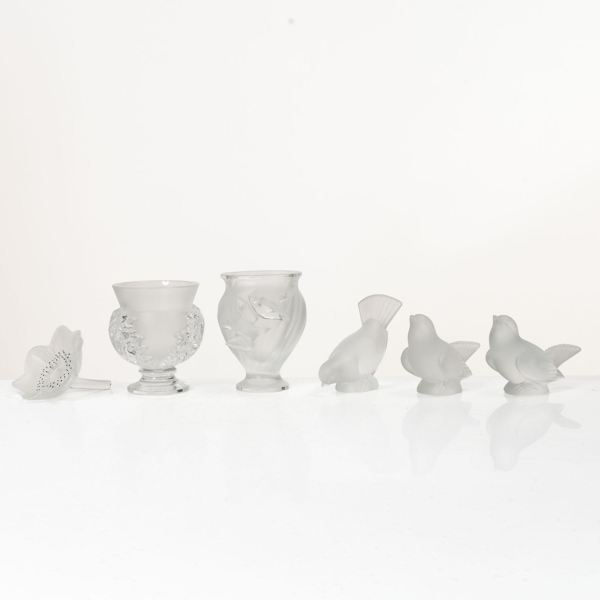 René Lalique, Six glass objects, Lalique, France, second half of the 20th century.