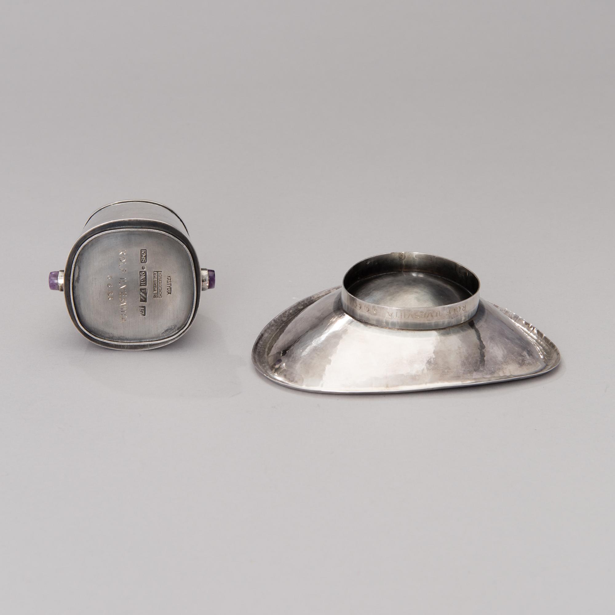a silver bowl and a beaker with amethyst decor, mark of Reijo Sirkeoja, Hopeataidetakomo, Tampere Finland 1964-65.