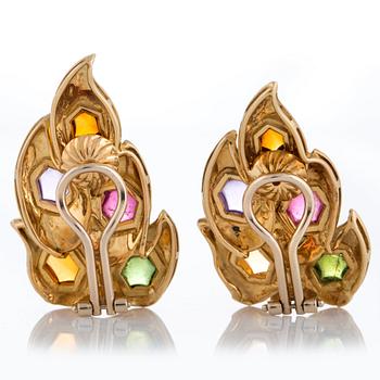 A pair of 18K gold earrings set with cabochon-cut citrines, peridots, tourmalines and amethysts.