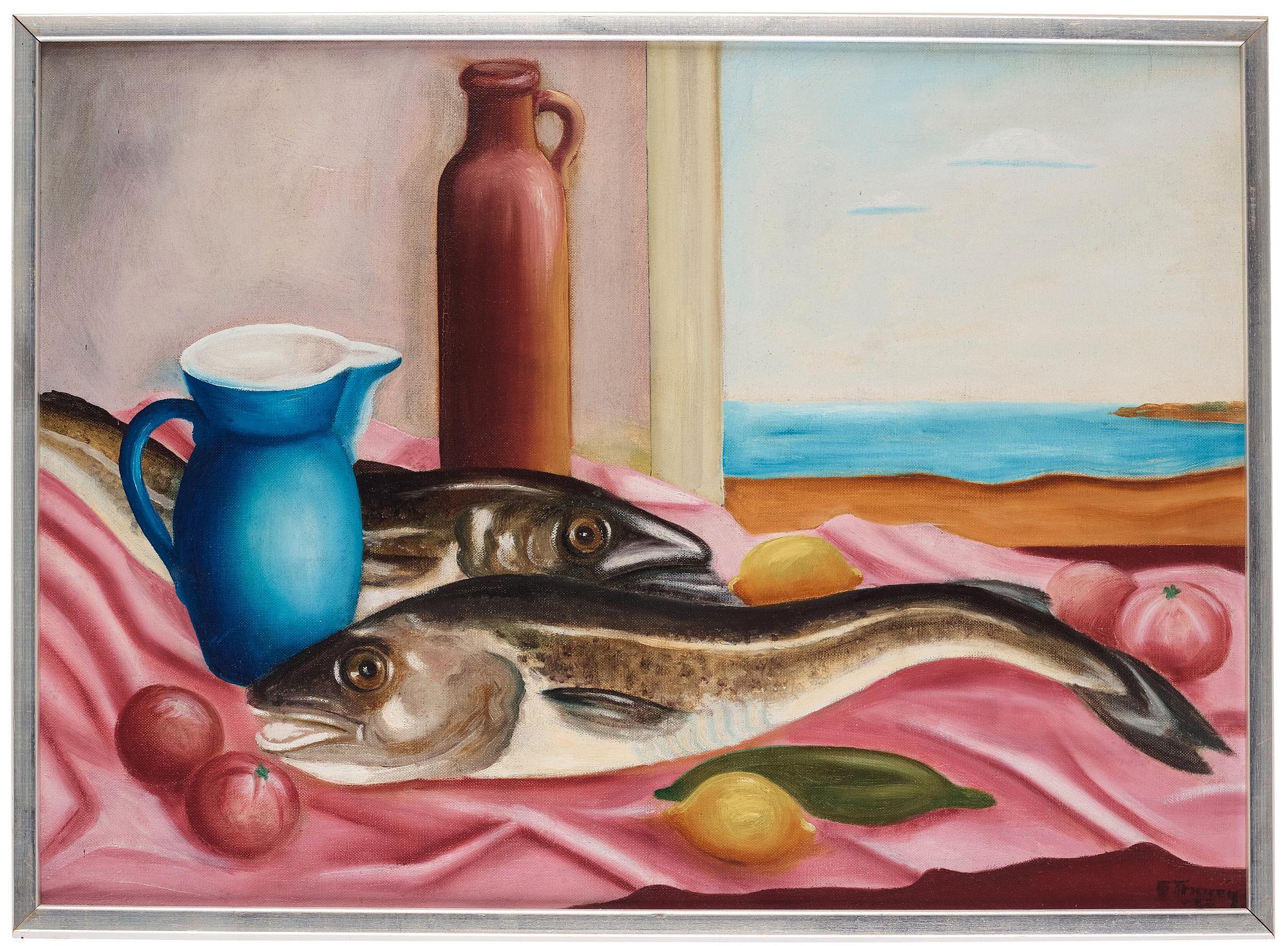 Still life with fish and lemons.