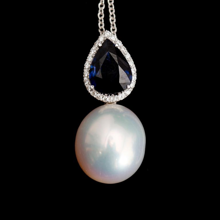 HÄNGE MED KEDJA, 18 k vitguld, stor odlad pärla, blå droppformad safir 2.04 ct, briljantslipade diamanter tot ca 0.18 ct.