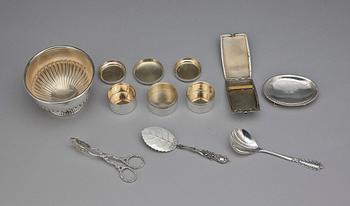 PARTI SILVER, 9 delar, svenska resp importstämplar, bla K A Andersson, Stockholm. Främst 1900-tal. Vikt ca 417 g.