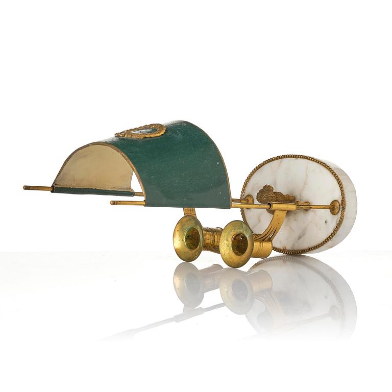 A late Gustavian gilt brass, marble and tole reading lamp, late 18th century.