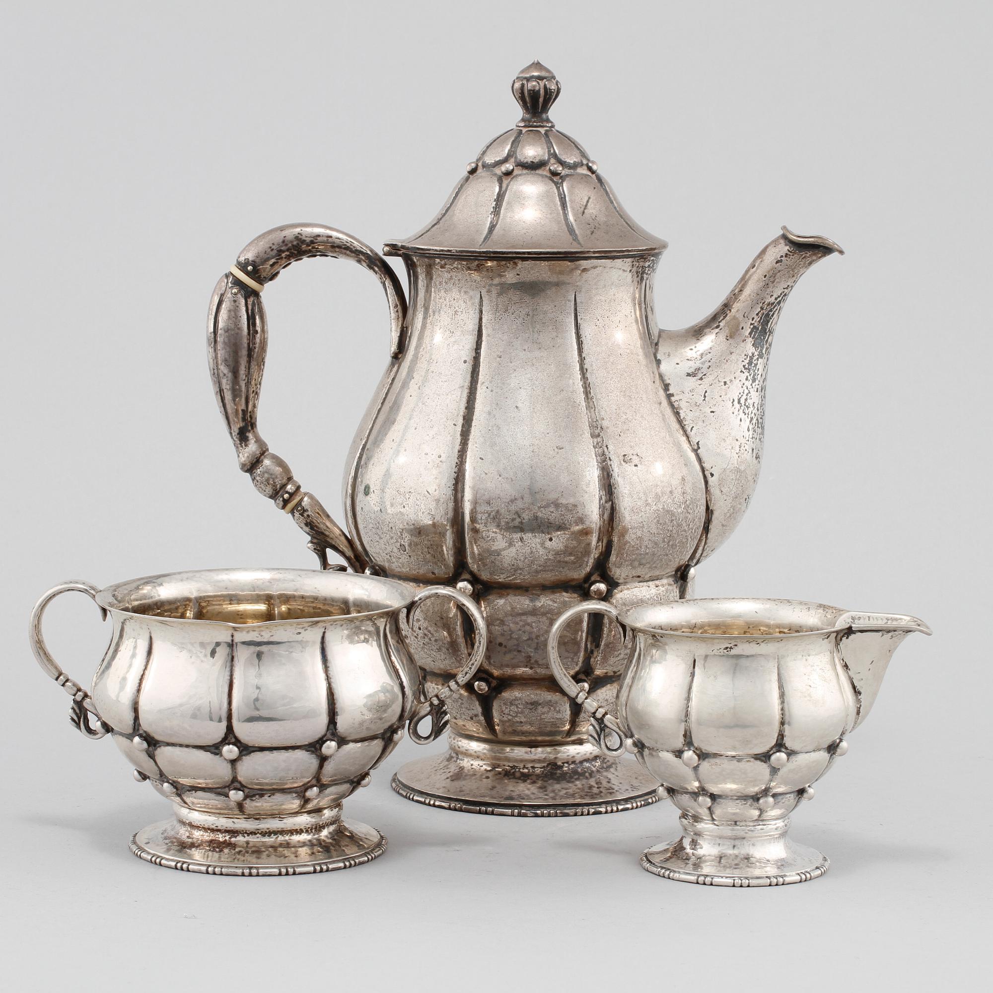 KAFFESERVIS, 3 delar, silver, Christian F Heise, Danmark, svenska importstämplar, K Andersson, 1920-tal. Tot vikt 992 g.