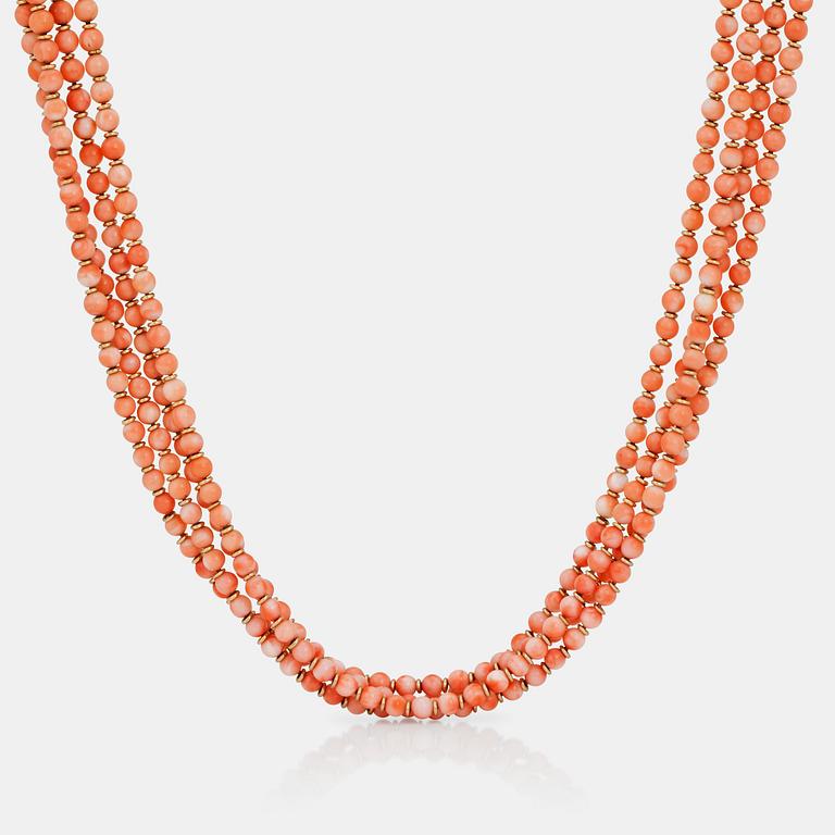 A coral bead, 0.68ct brilliant-cut diamond and gold rondel necklace. Two additional coral drops included.