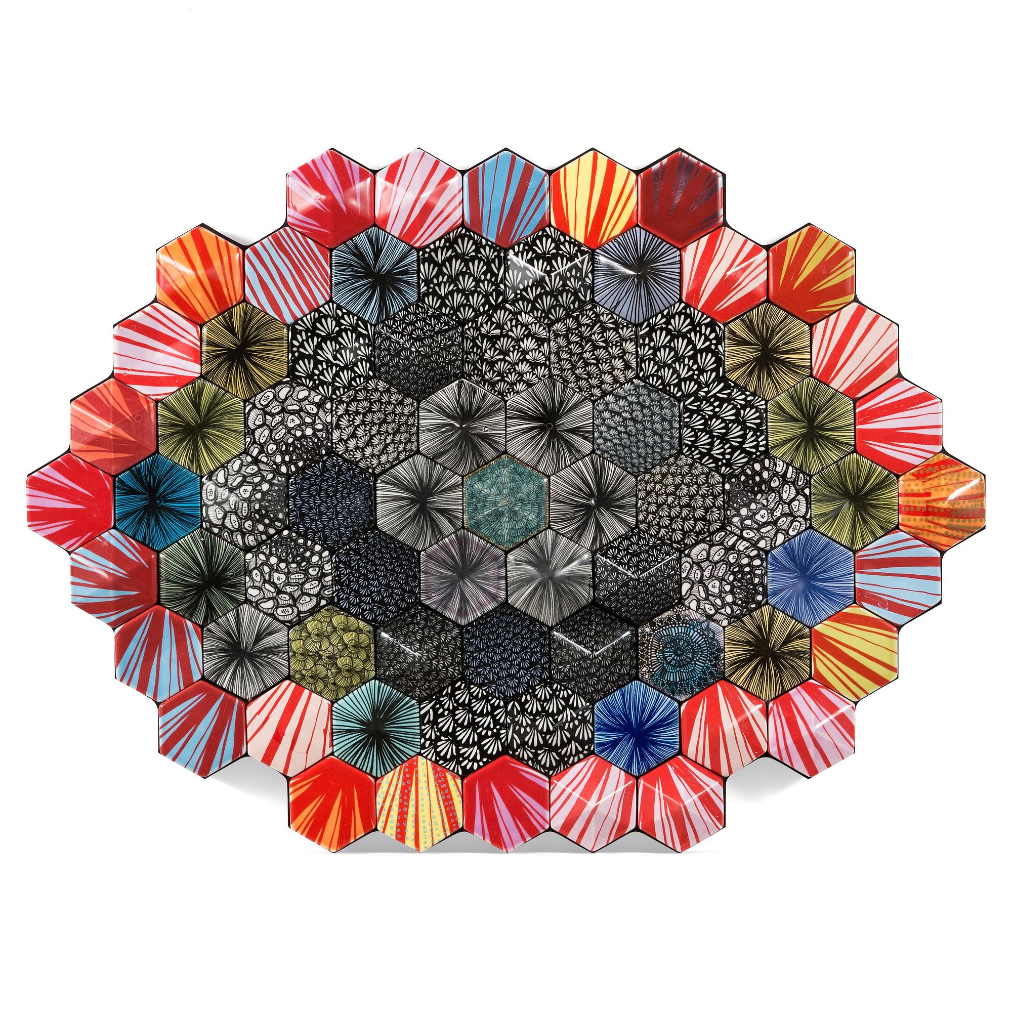HEINI RIITAHUHTA, a porcelain hexagon relief 'Raisa' signed Heini Riitahuhta 2015.