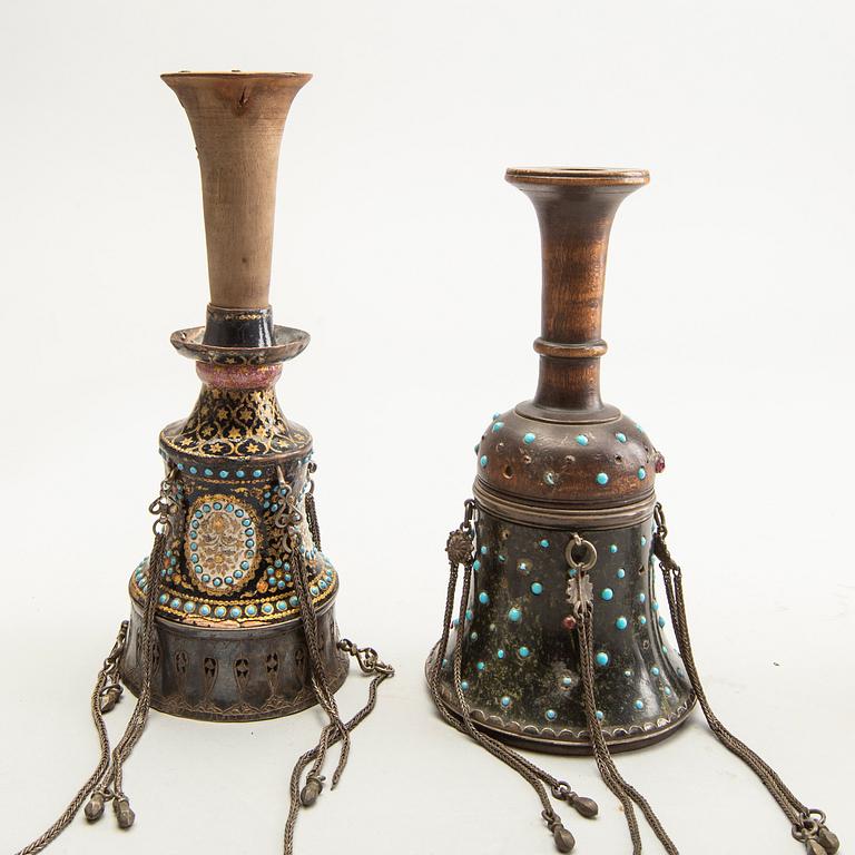 A set of four persian wooden and metal galianparts and a wooden part for the pipe, circa 1900.