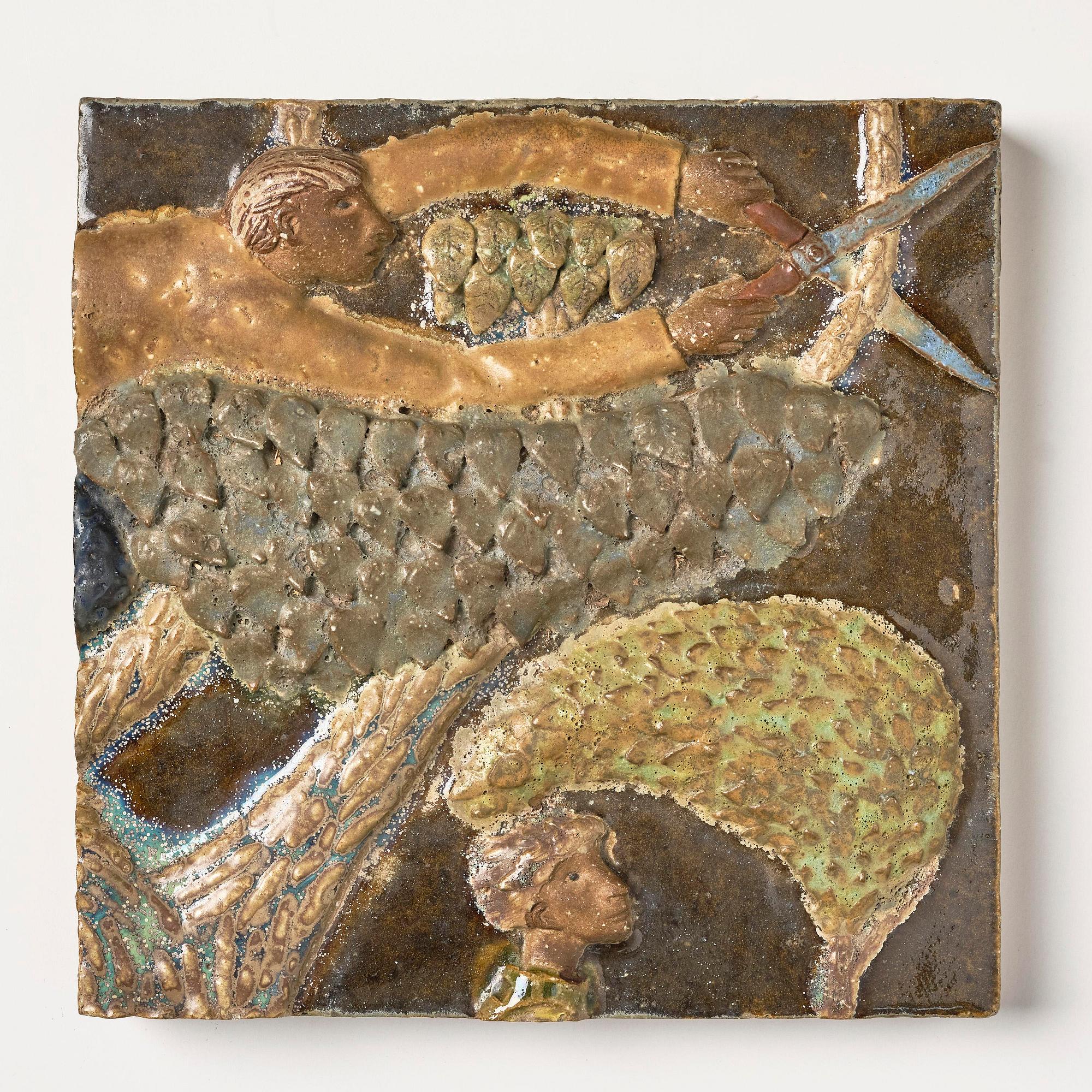 Stig Lindberg, a chamotte stoneware relief, four pieces, Gustavsberg Studio 1940s.