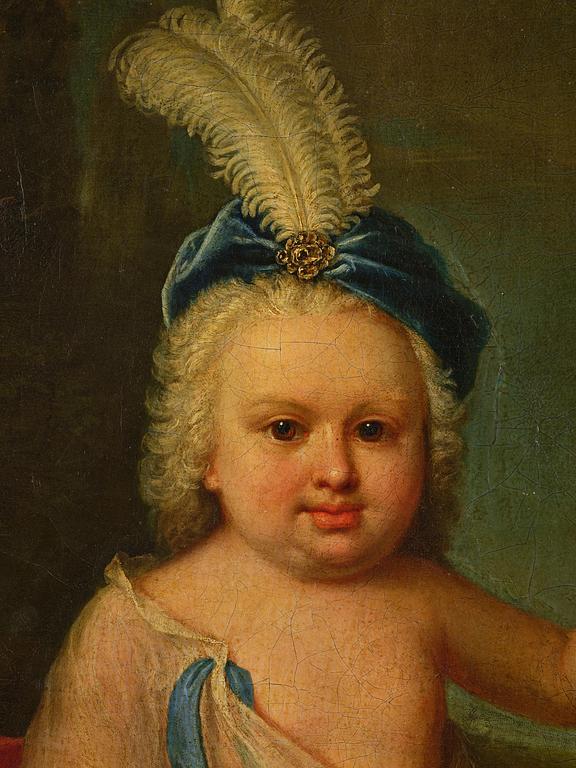 Nicolaes Maes, hans krets, Porträtt av en pojke i hermelinfodrad mantel och mops.