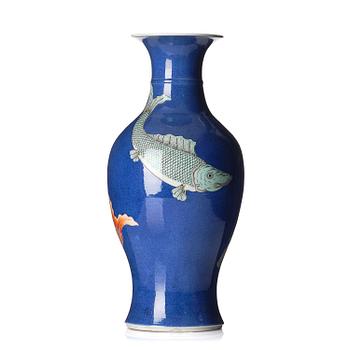 1052. A powder blue and enamelled 'fish' vase, late Qing dynasty.