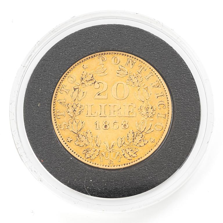 Guldmynt, Vatikanstaten, Pius IX, 20 Lire, 1868.