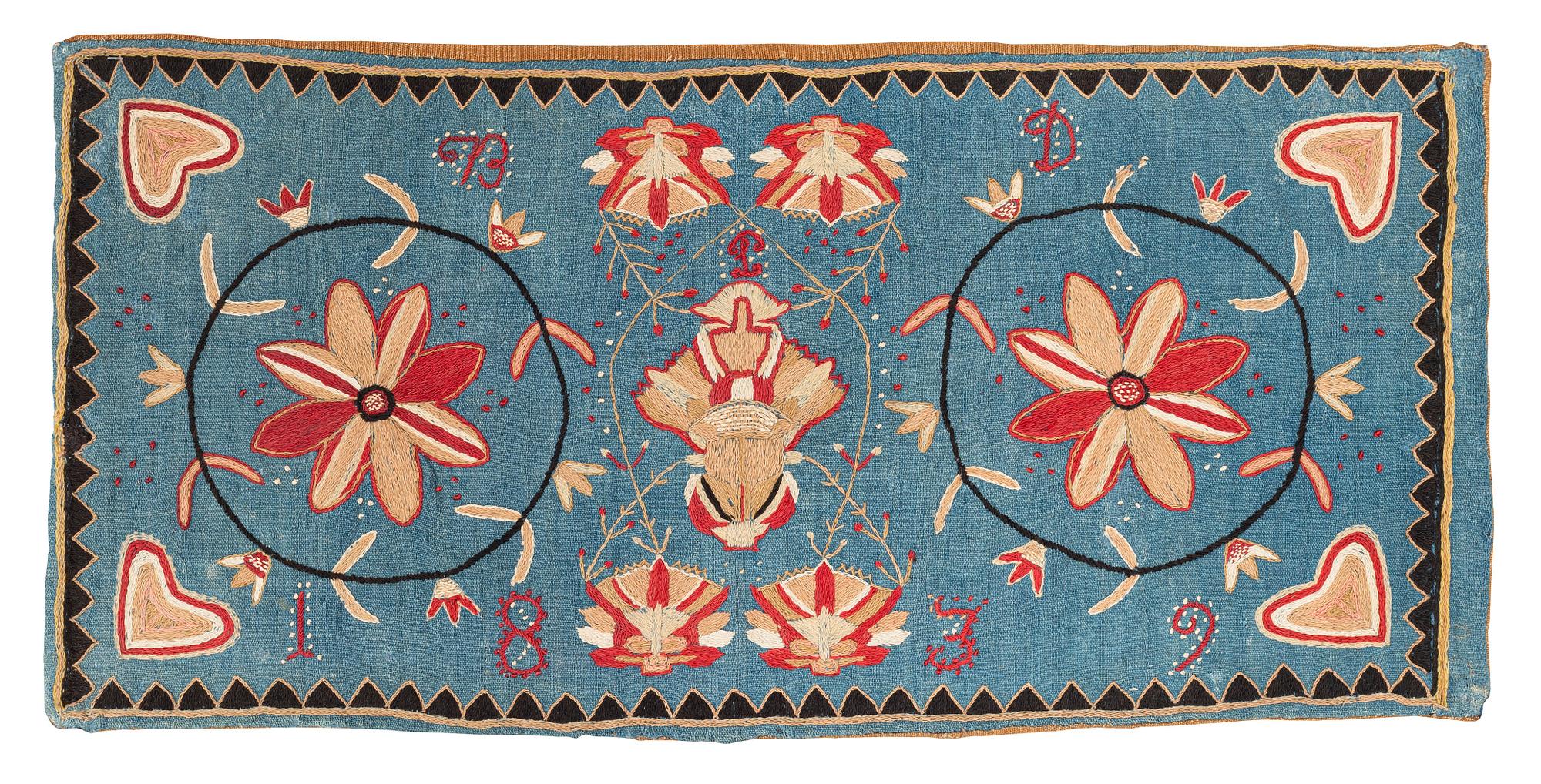 Åkdyna, broderad, ca 92 x 44 cm, Skåne, signerad BD och daterad 1839.