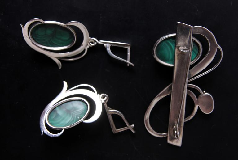 GARNITYR, 3 delar, silver och malakit.