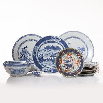 A group  of three serving dishes, a serving bowl, a cup, and seven plates, porcelain, including China 18th century.
