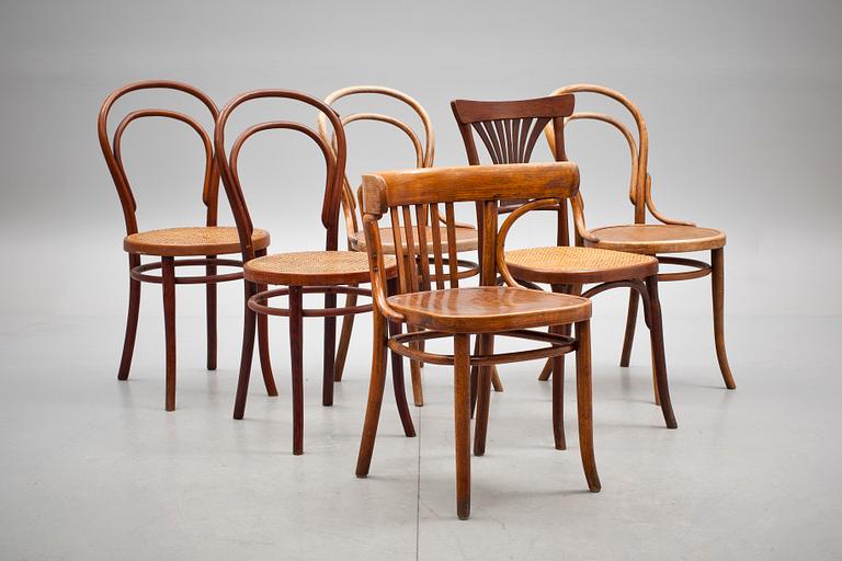 KARMSTOL samt STOLAR, 6 st, Thonet samt  Jacob & Josef Kohn, 1900-talets första hälft.