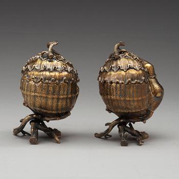 A pair of Russian mid 19th century silver-gilt bonbonjeres, marks of Carl Tegelsten, St. Petersburg 1851.