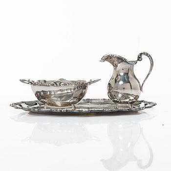 Cream jug, sugar bowl, and tray, silver, Rococo style, 20th century.