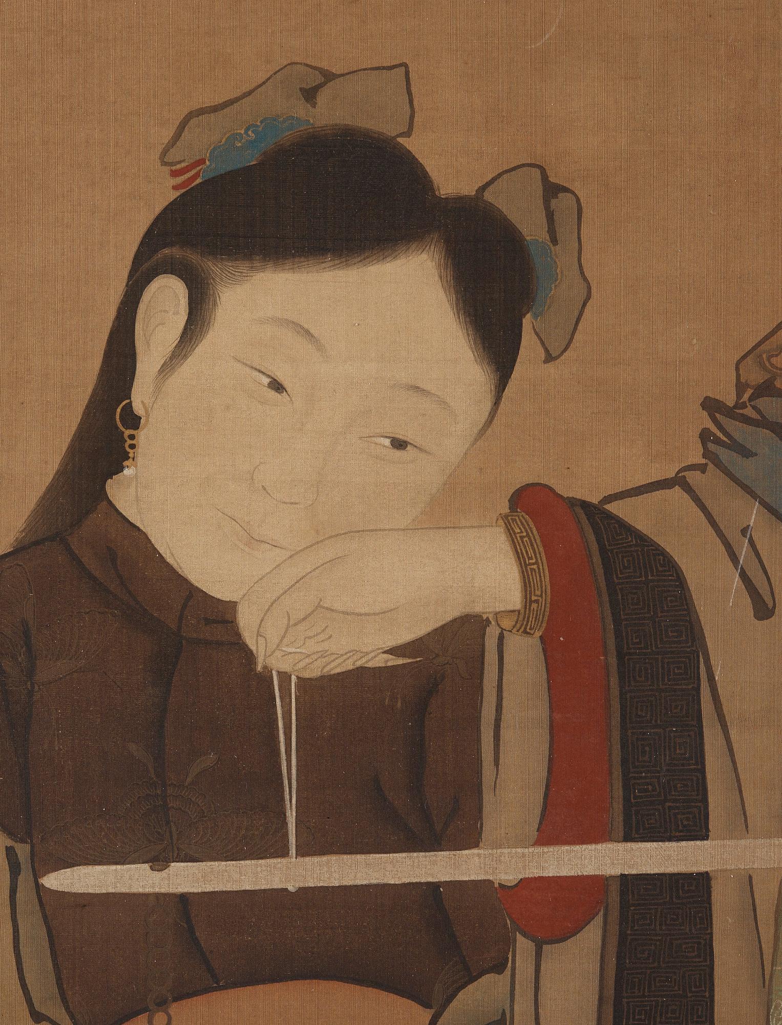 RULLMÅLNING, dam och tjänarinna med en våg, i Qiu Yings stil (c. 1494-1551), sen Qingdynastin (1644-1912).