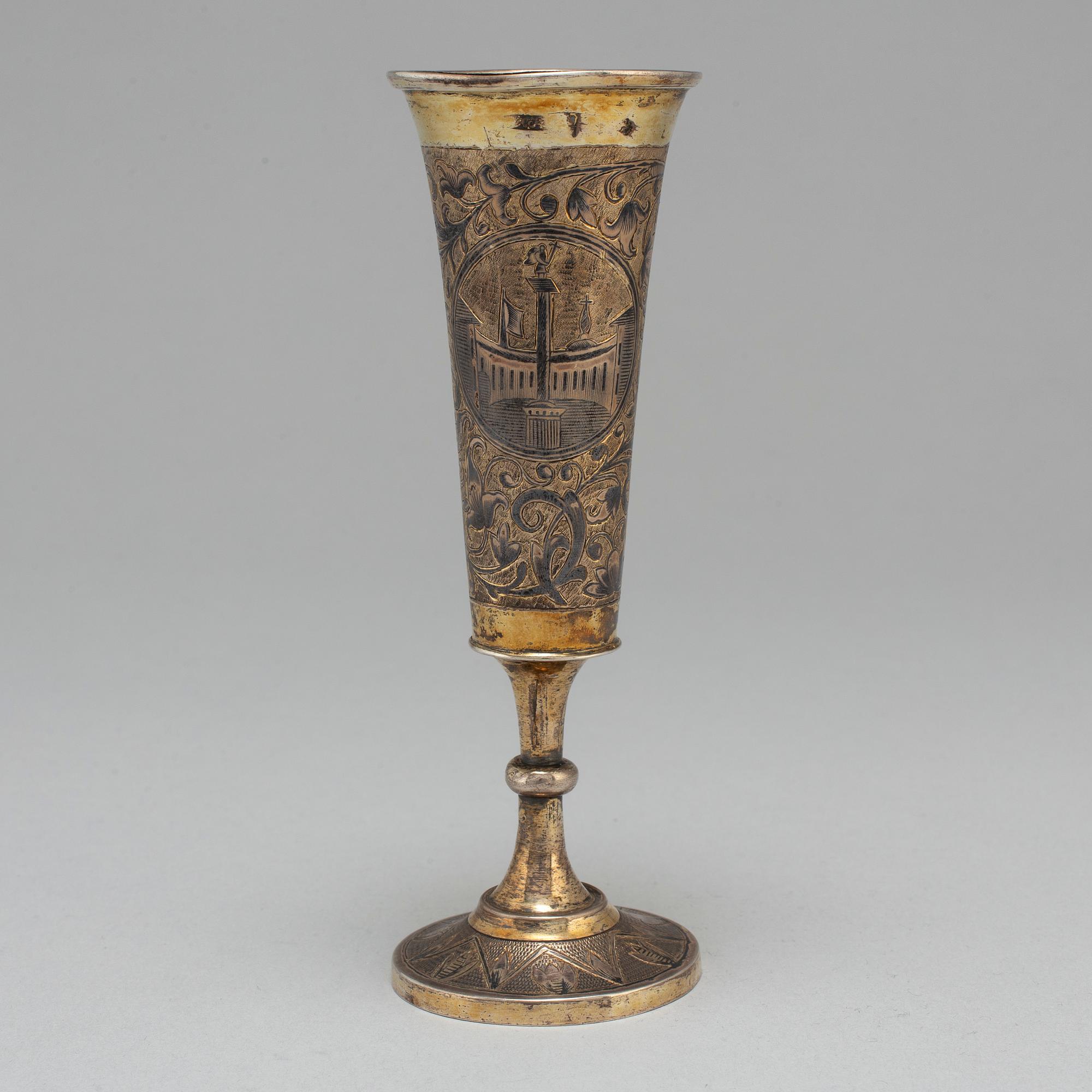 A Russian 19th century silver-gilt and niello champagne flute, unidentified makers mark, Moscow first half of 19th c.