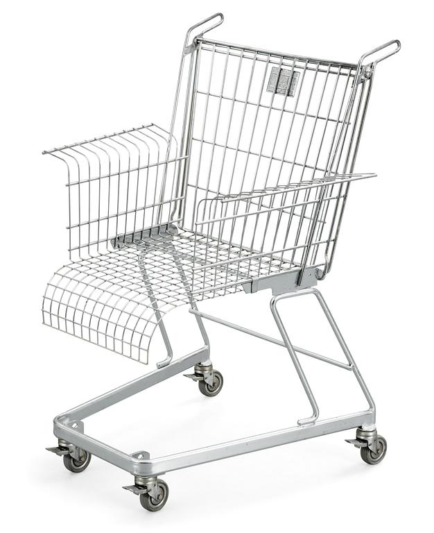 A Frank Schriener 'Consumer's Rest'  galvanized steel wire shopping cart chair, model 2, Stiletto Studios,