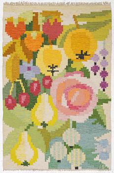 Ingegerd Silow, a flat weave rug, 'Fruktträdgården', signed IS, c. 125 x 82 cm.