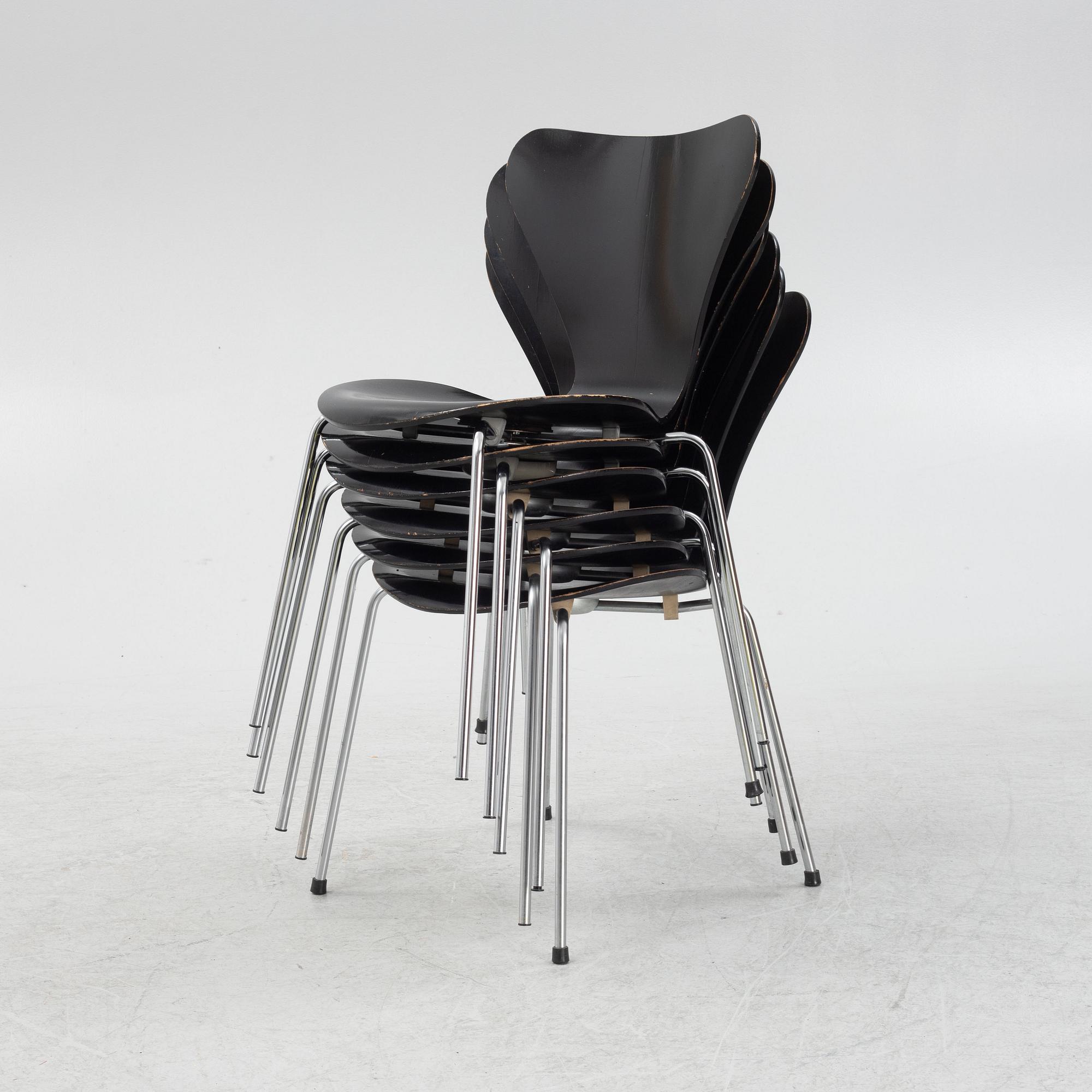 Arne Jacobsen, stolar sex st. "Sjuan", Fritz Hansen, Danmark, 1960- och 70-tal.