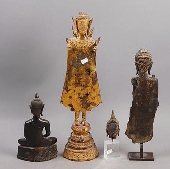 BUDDAFIGURINER, 4 st, patinerad metall, troligen Thailand, 1800/1900-tal.