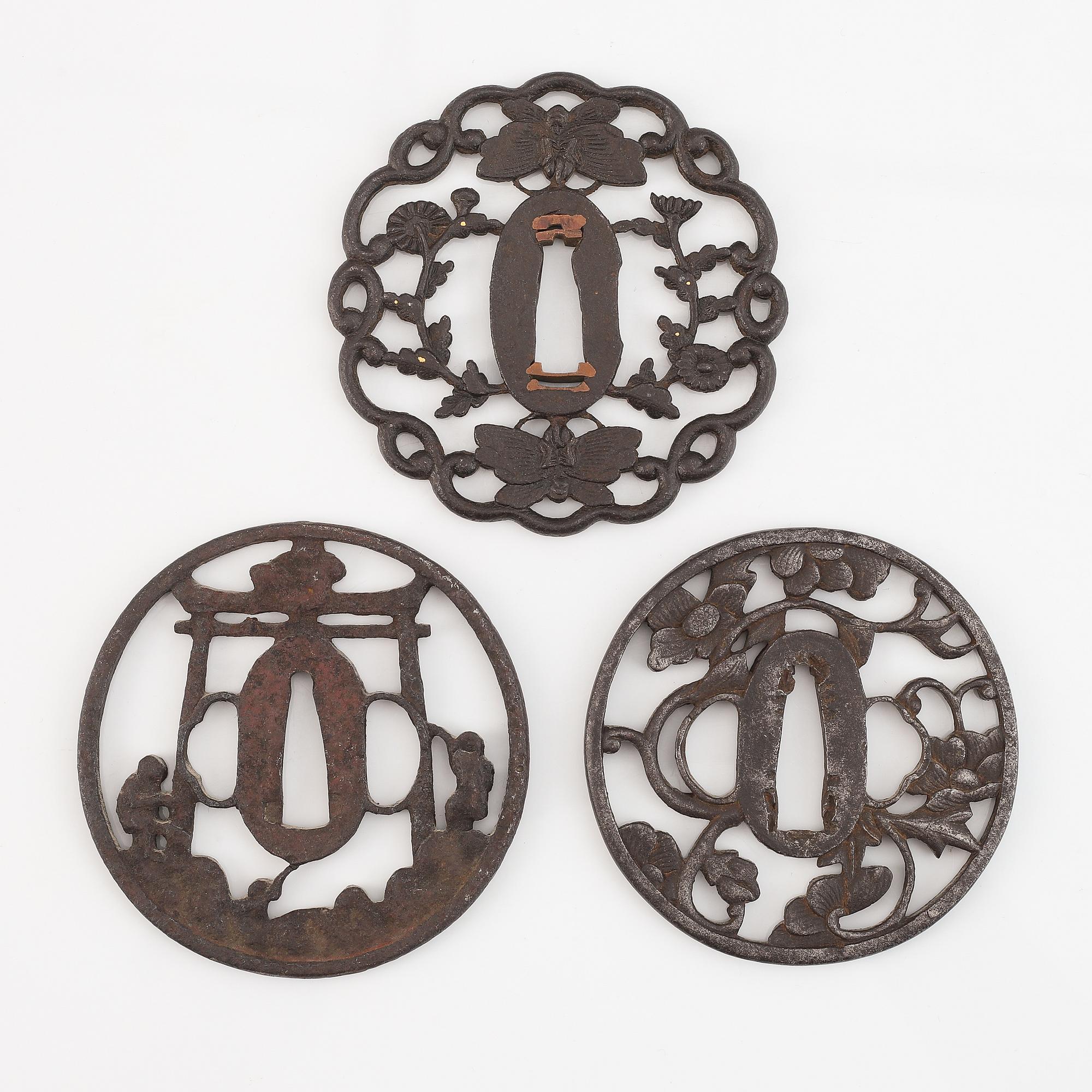 Three Japanese iron tsubas, Edo, 19th century.