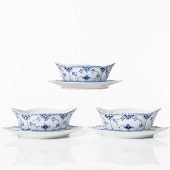 Royal Copenhagen, three sauceboats, 'Blue Fluted Full Lace', Denmark, 1979-83.