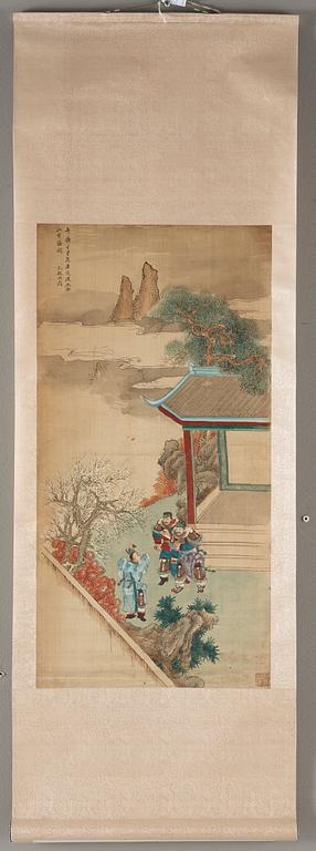 Four hanging scrolls with scenes from the history of the Three Kingdoms, late Qing dynasty (1644-1912).