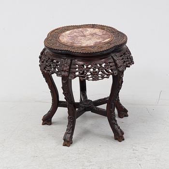 A Chinese carved wood and stone top side table, 20th Century.