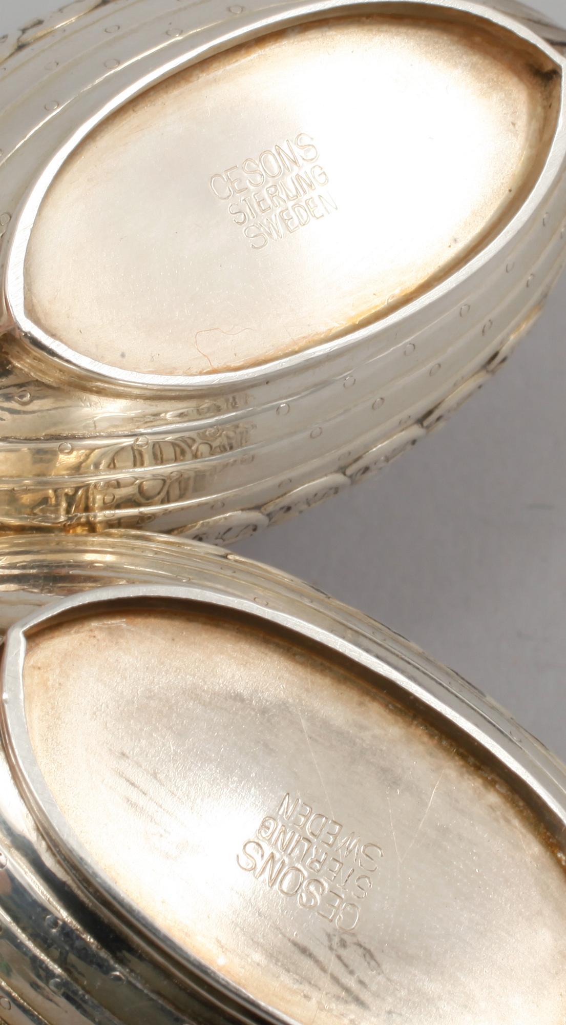 SALTKAR, 3 st, silver och glas, GEWE, Malmö, 1976 och Ceson, 1900-talets andra hälft.