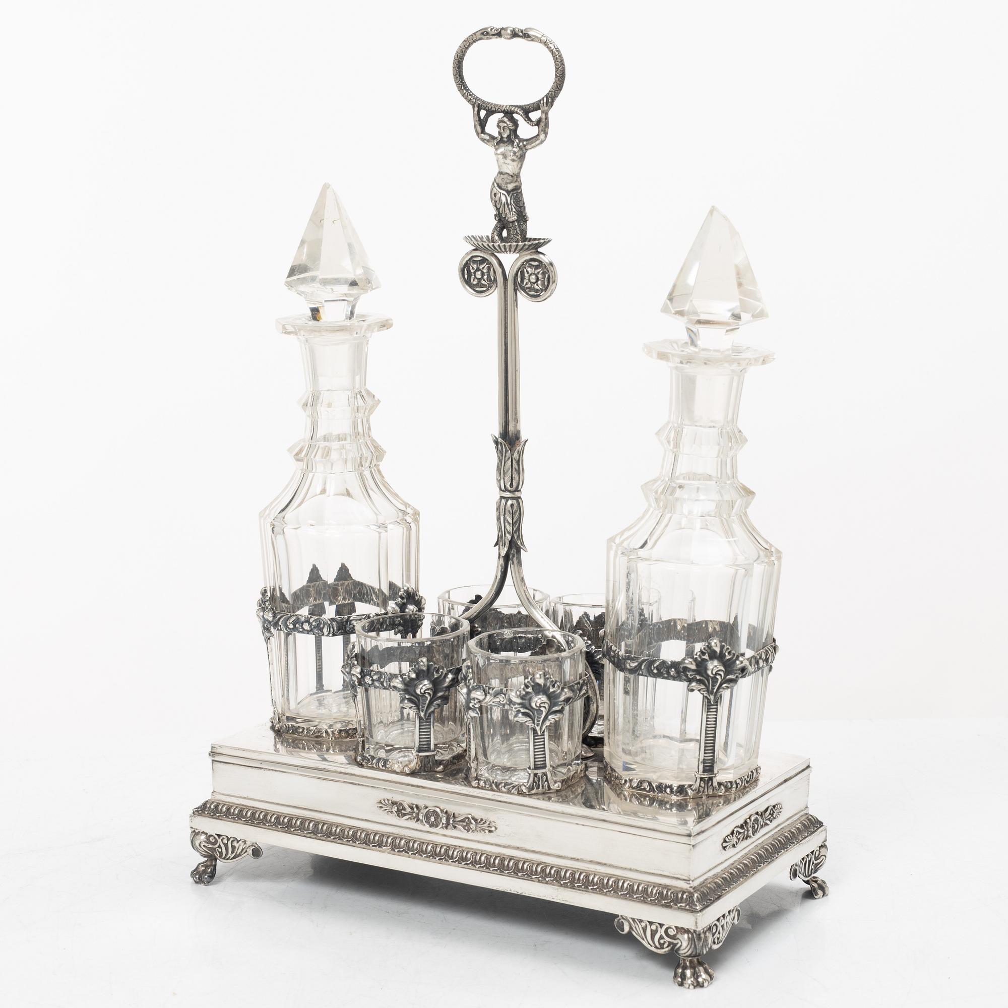 Adolf Zethelius, likörset, silver och glas, Stockholm 1821.