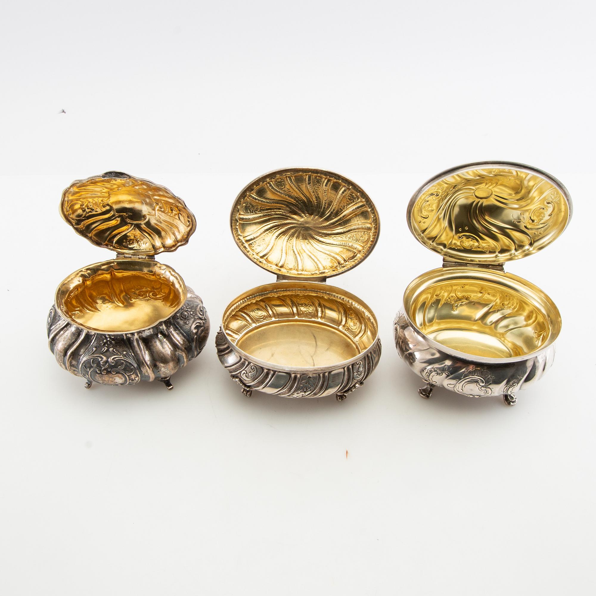 Sugar boxes 3 pcs silver Rococo style second half of the 20th century.