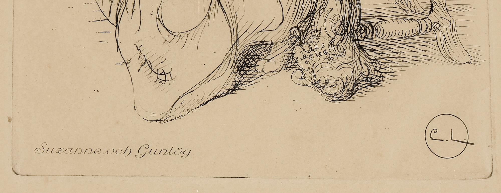 CARL LARSSON, etsningar, 2 st. En signerad i plåt.