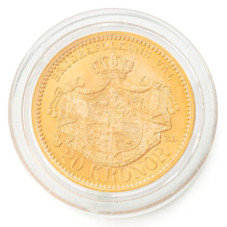 Guldmynt, Sverige, Oskar II, 20 kronor, 1885.