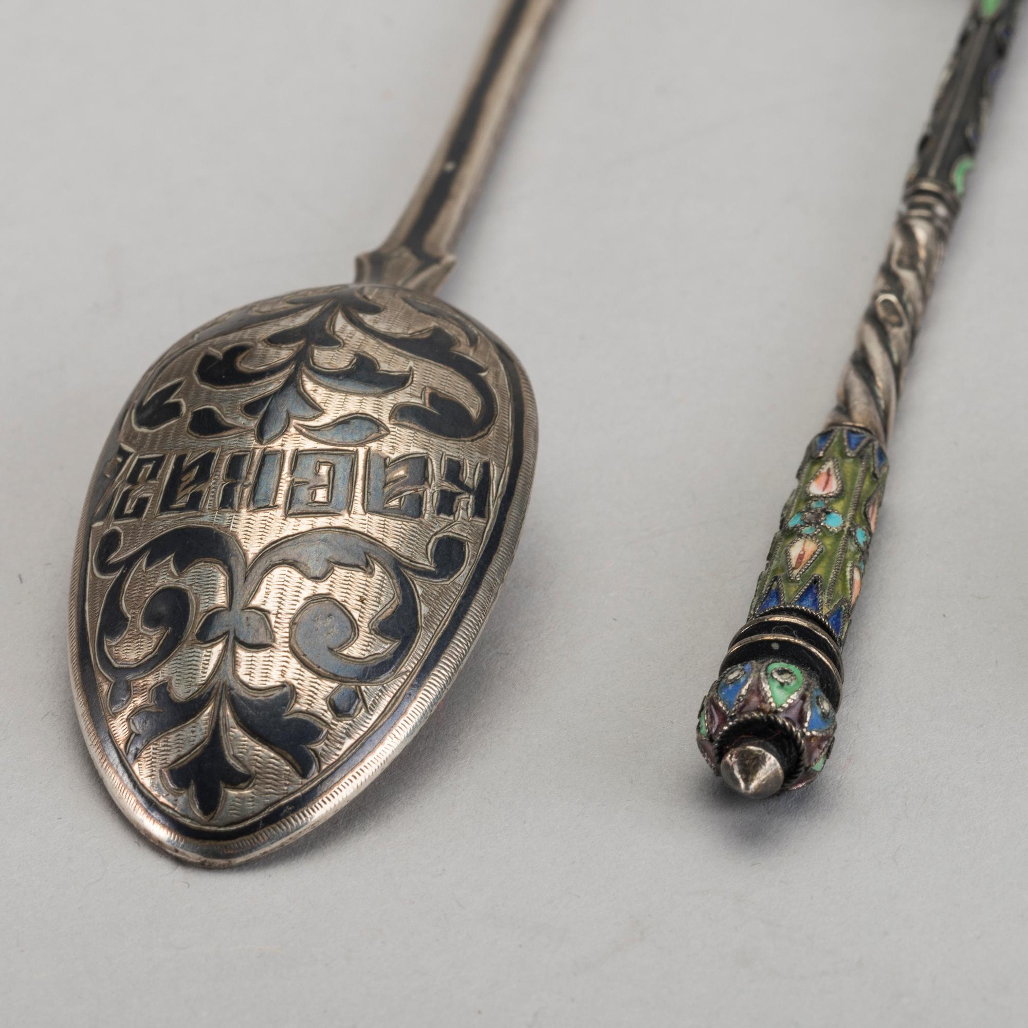 A set of six Russian silver and enamel spoons, around 1900 weight ca 195 gr.