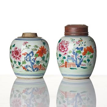 Two famille rose tea jars, Qing dynasty, 18th century.